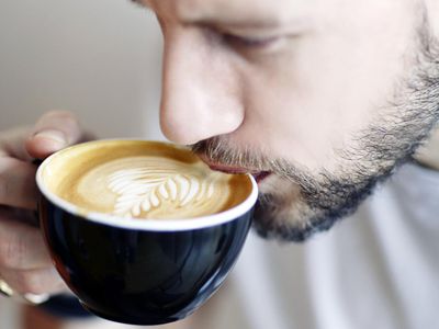 coffee, black cup, man, woollen hat, beard