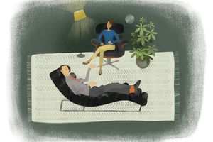 Illustration of man lying on couch talking to therapist