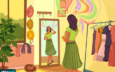 drawing of woman wearing green dress looking in the mirror