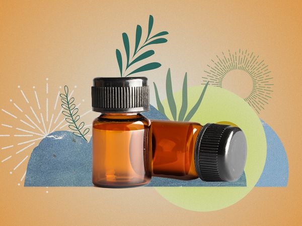 photo composite design showing two essential oil bottles