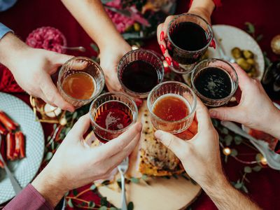 Christmas food Smorgasbord people toasting dinner party