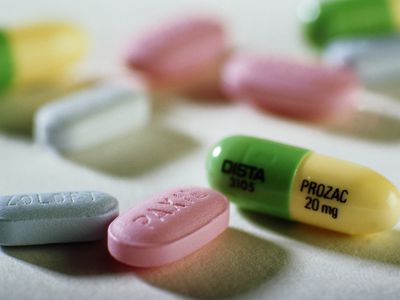 Prozac, Paxil and Zoloft anti-depressant tablets, close-up