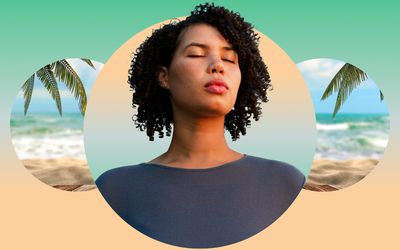 Woman meditating against a beach backdrop