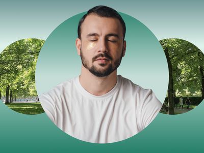 Man meditating against a park backdrop