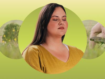 Woman with closed eyes against a field backdrop