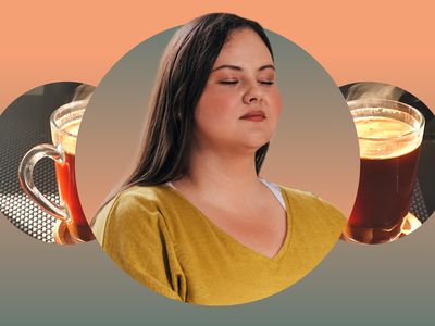 Woman meditating against a coffee backdrop