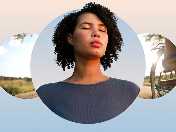 Woman meditating against a backdrop of a person biking in a field