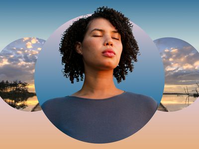 Woman meditating against a cloudy sky backdrop