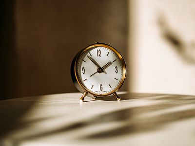 close up of a small black antique alarm clock, in a warm light and shadow of plants