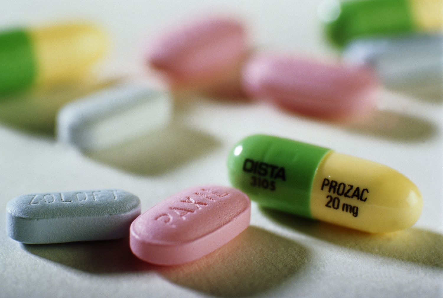 Prozac, Paxil and Zoloft anti-depressant tablets, close-up