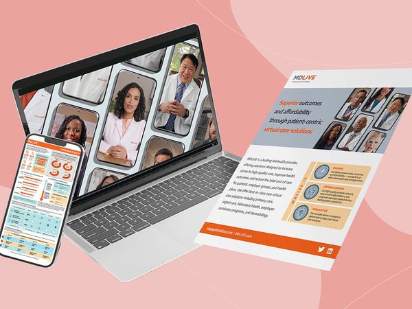 MDLIVE Therapy App open on computer and phone with flier