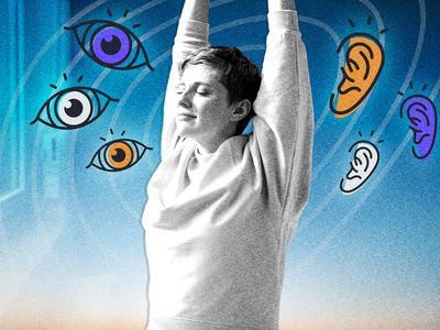 Woman stretching with eyes and ear icons surrounding her