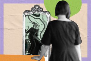 Woman looking into a funhouse-style mirror