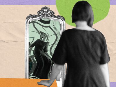 Woman looking into a funhouse-style mirror