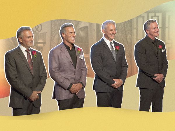 photo composite of Golden Bachelorette contestants standing in a line wearing suits with roses in their lapels. Courtesy of Disney and photographer Gilles Magnasson