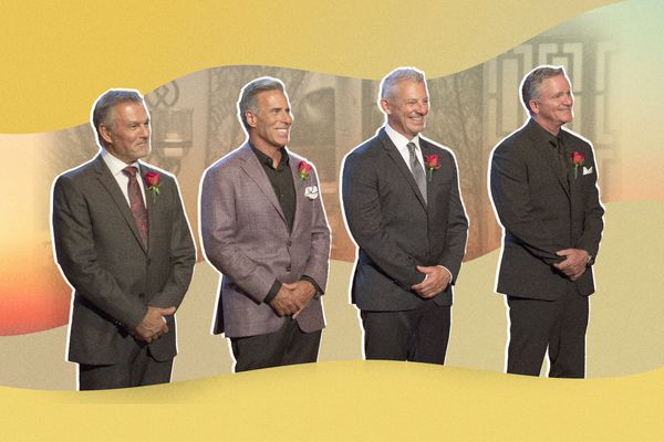 photo composite of Golden Bachelorette contestants standing in a line wearing suits with roses in their lapels. Courtesy of Disney and photographer Gilles Magnasson