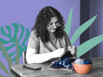 woman crocheting and a purple background 