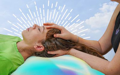 photo composite of woman receiving Reiki healing treatment