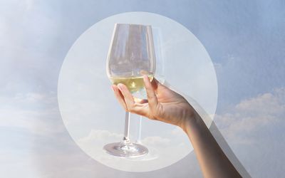 woman holding up wine glasses in a cloudy blue backgroubd