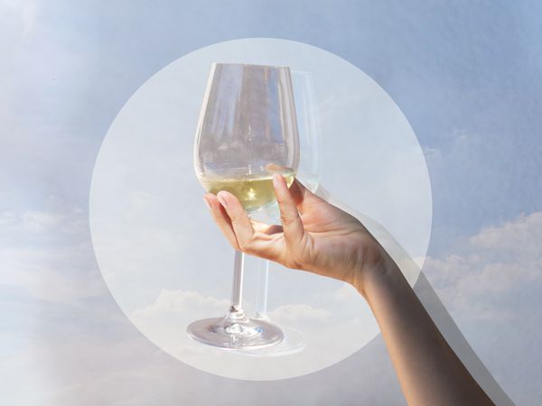 woman holding up wine glasses in a cloudy blue backgroubd