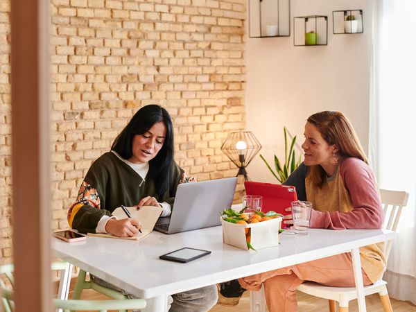 lesbian couple working on their computers at home