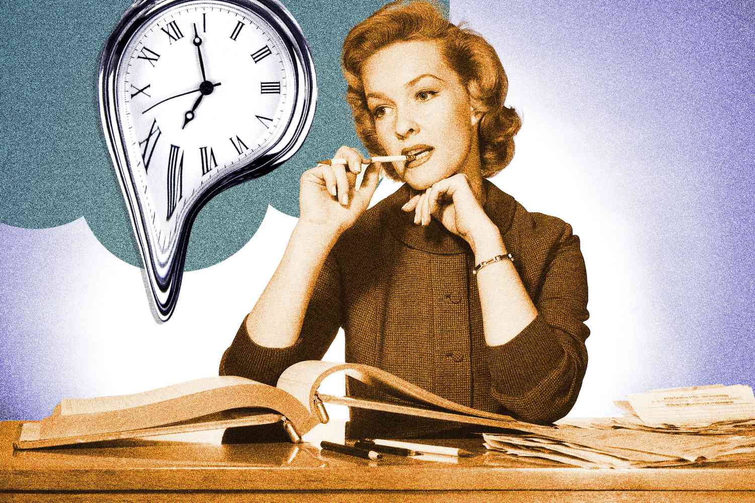 Woman with melting clock in the background