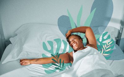 Woman lying in bed with illustrated plants growing around her