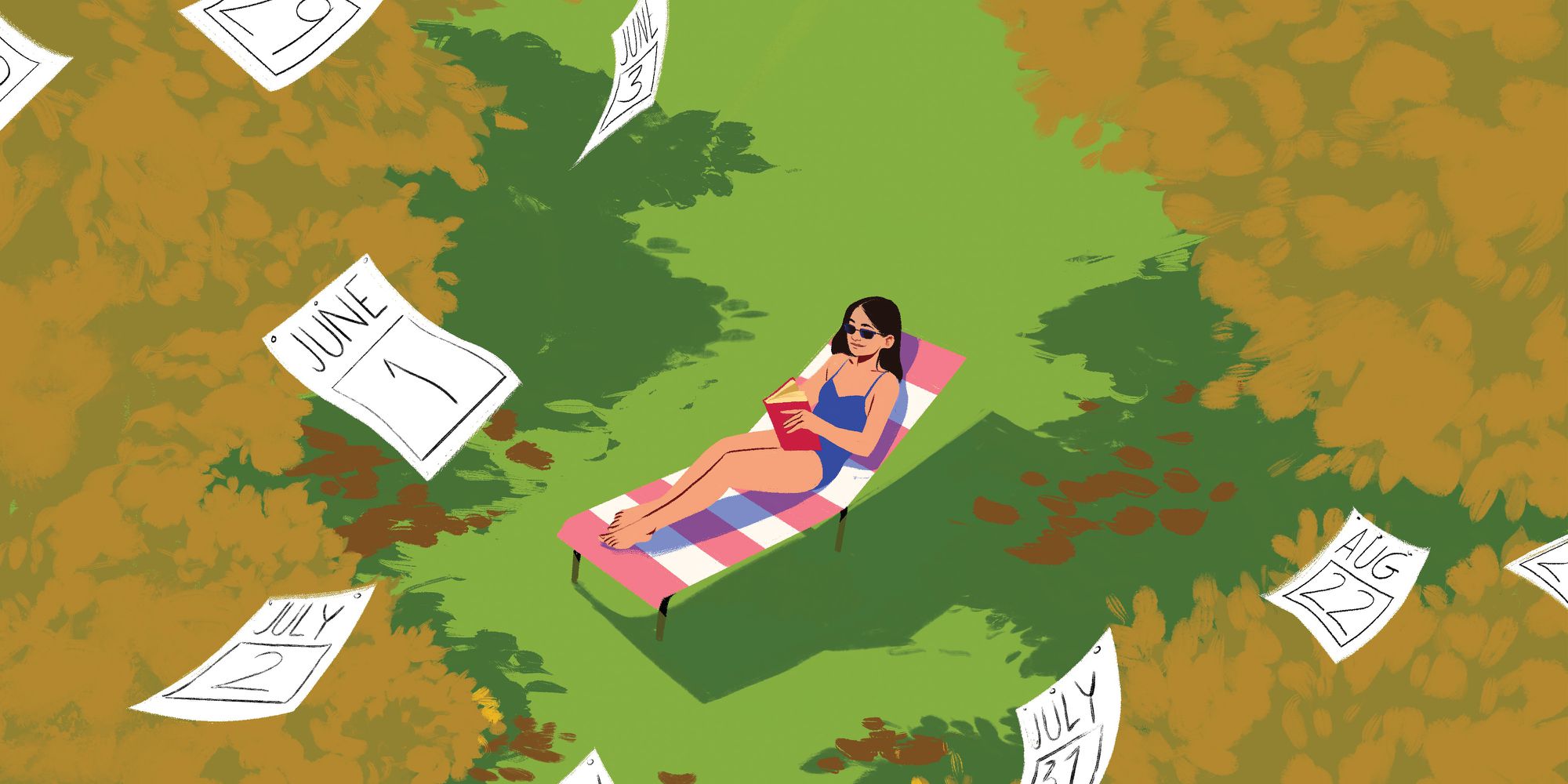 Woman reading book in the park while calendar pages fly around her