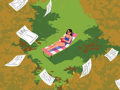 Woman reading book in the park while calendar pages fly around her