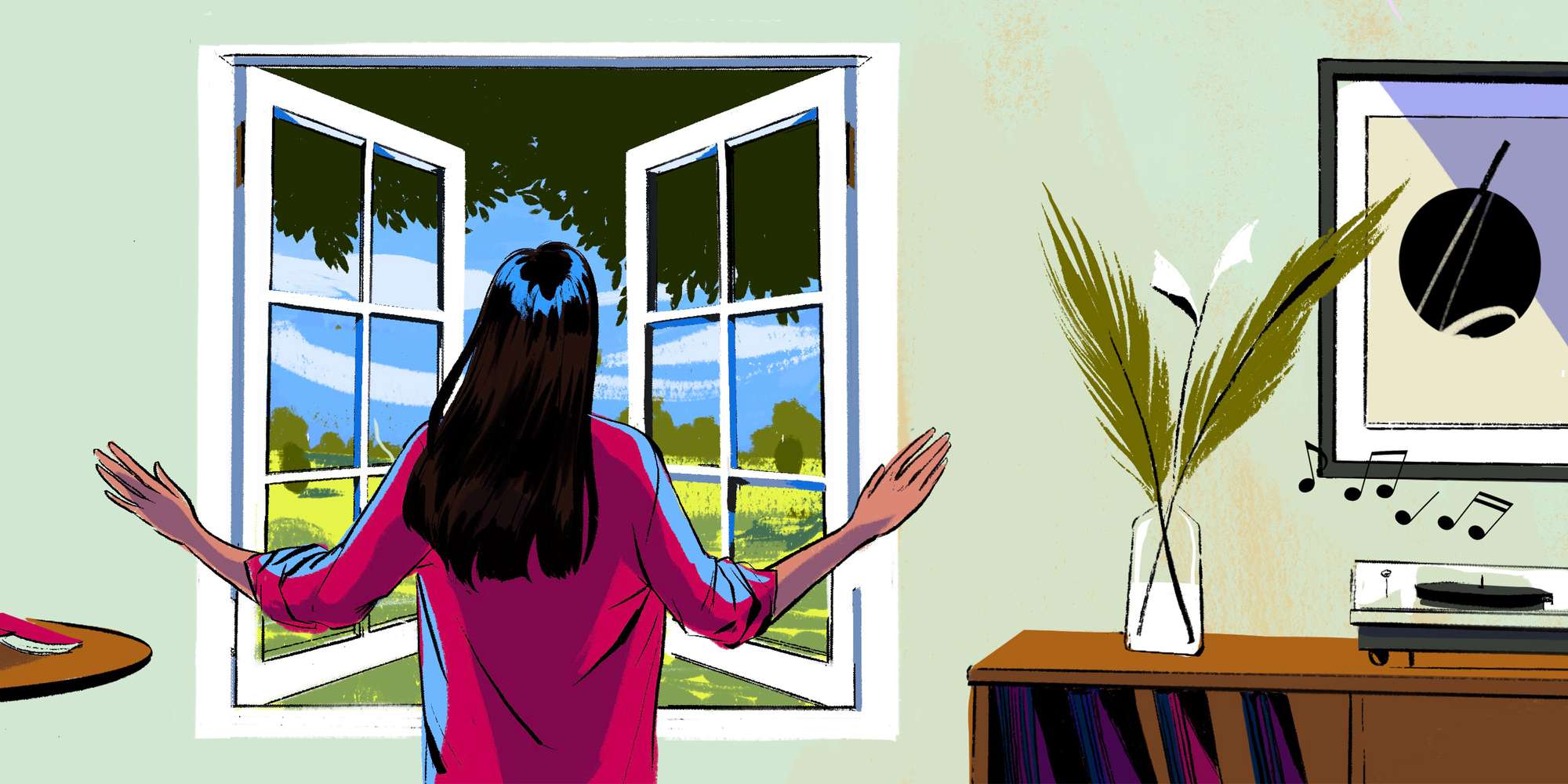 illustration of woman in pink shirt looking out the window