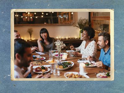 photo of friends eating dinner together in someone's home with a blue borer surrounding it