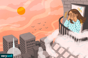 Woman on balcony scared with acrophobia