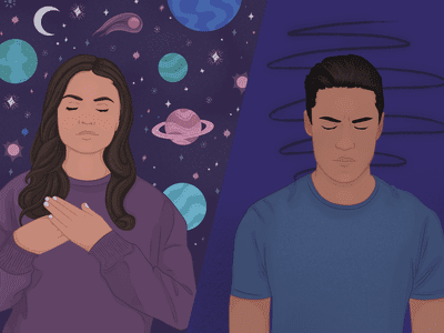 A woman envisioning a galaxy and a man unable to envision anything