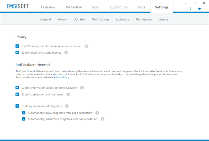 Extended privacy settings, Emsisoft doesn't spy on you
