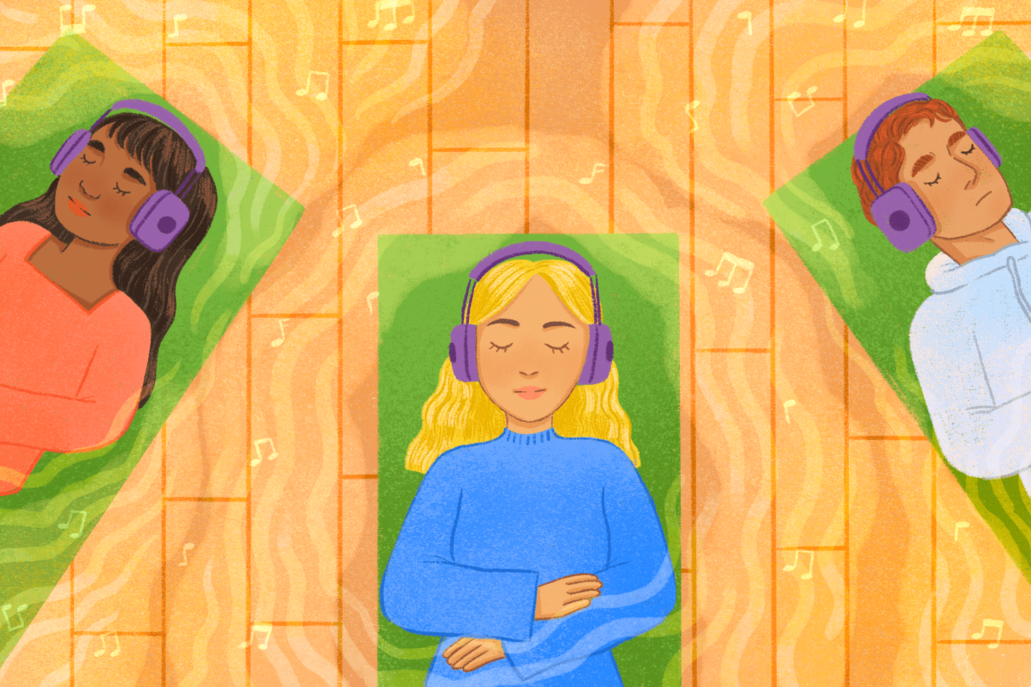 Three people laying on yoga mats, listening to meditations through headphones