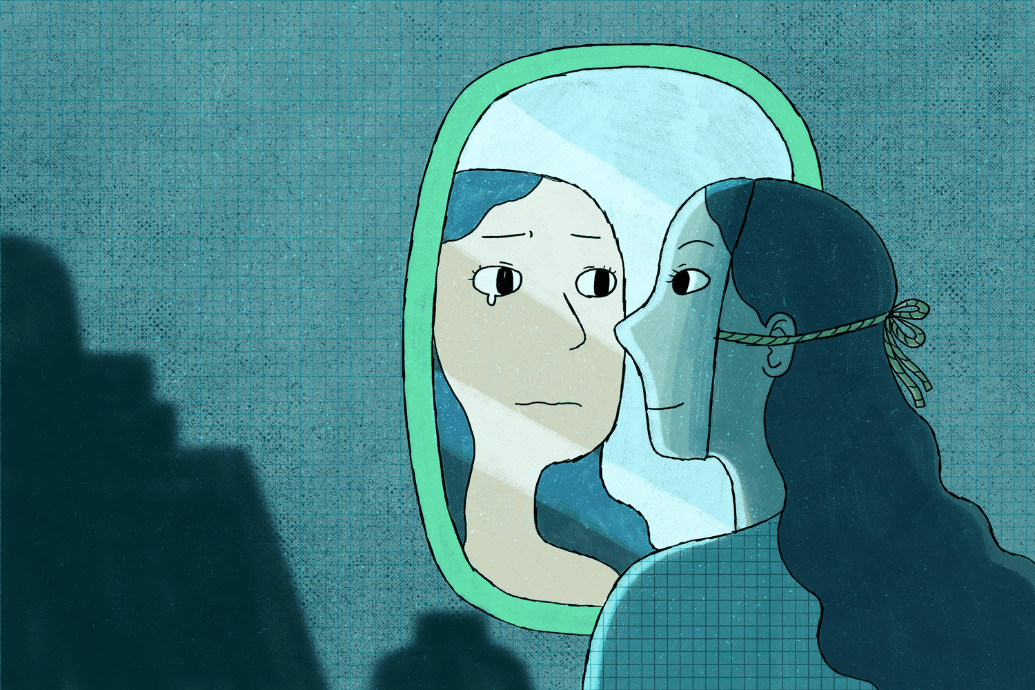 Woman looking in the mirror.