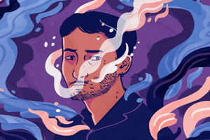 Man surrounded by clouds of smoke