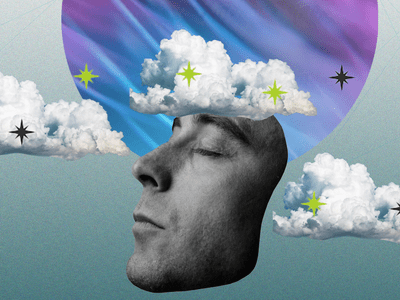 Man closing eyes with clouds surrounding his face