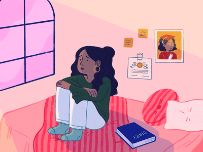 BIPOC woman sitting on bed sad