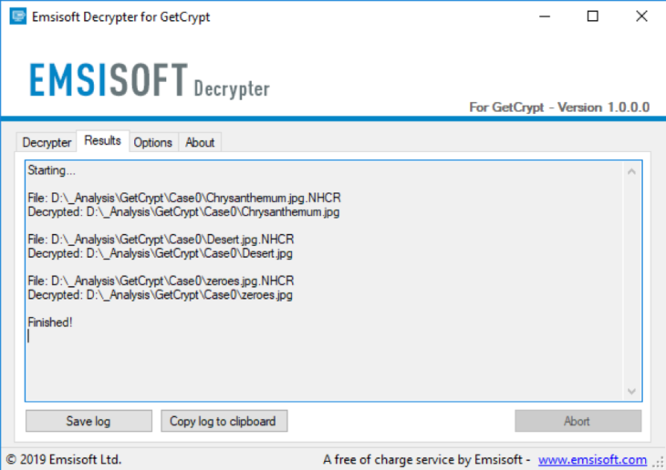 Successful Emsisoft GetCrypt Decryption