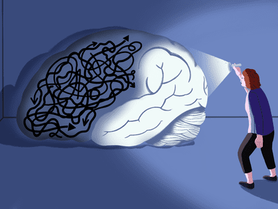 Woman holding up a flashlight on a conceptual ADHD brain illustration