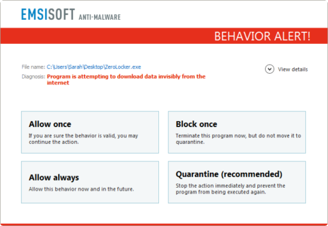 Emsisoft's behavior blocker versus ZeroLocker ransomware.